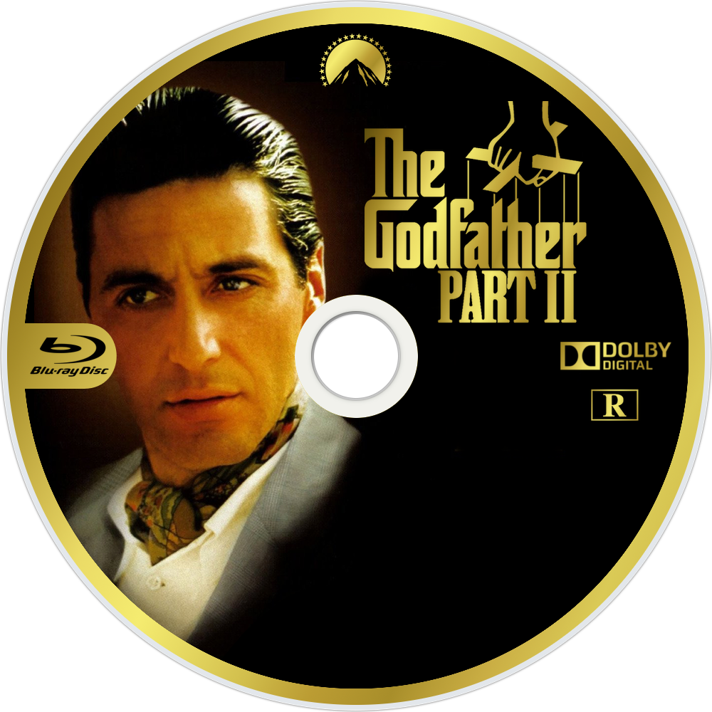 The Godfather 桌布 壁紙 — 《教父2》藍光光碟標籤上艾爾·帕西諾飾演麥可·柯里昂的特寫，金色文字配黑色背景。
