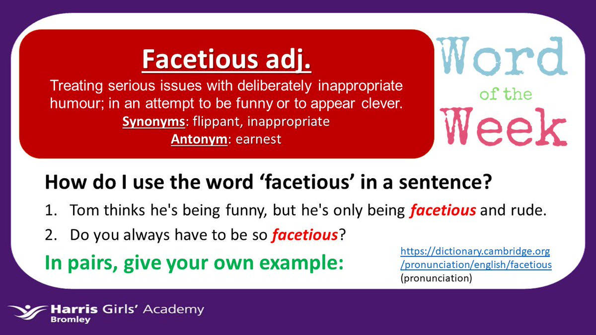 Educational 桌布 壁紙 — 教育資訊圖表，以色彩繽紛的佈局定義「facetious」，包括同義詞、反義詞、例句和發音連結。