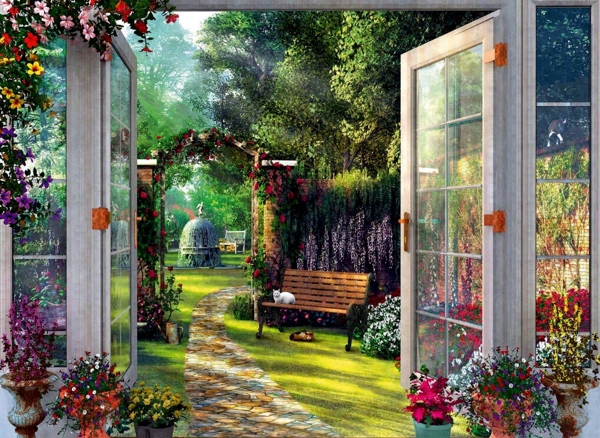 Enchantment 桌布 壁紙 — 敞開的法式門框出陽光普照的花園小徑，蜿蜒經過盛開的花朵和一個木製長椅，長椅上一隻貓在玫瑰覆蓋的拱門下休息。