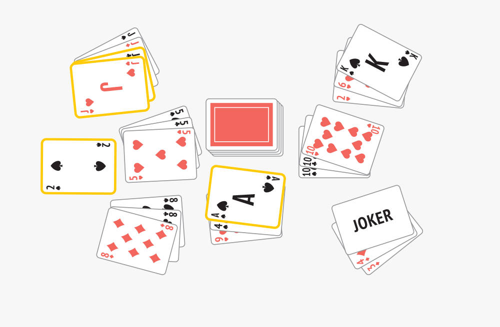 Playing Cards 桌布 壁紙 — 散落的撲克牌收藏，包括小丑牌和人頭牌，在純色背景上。