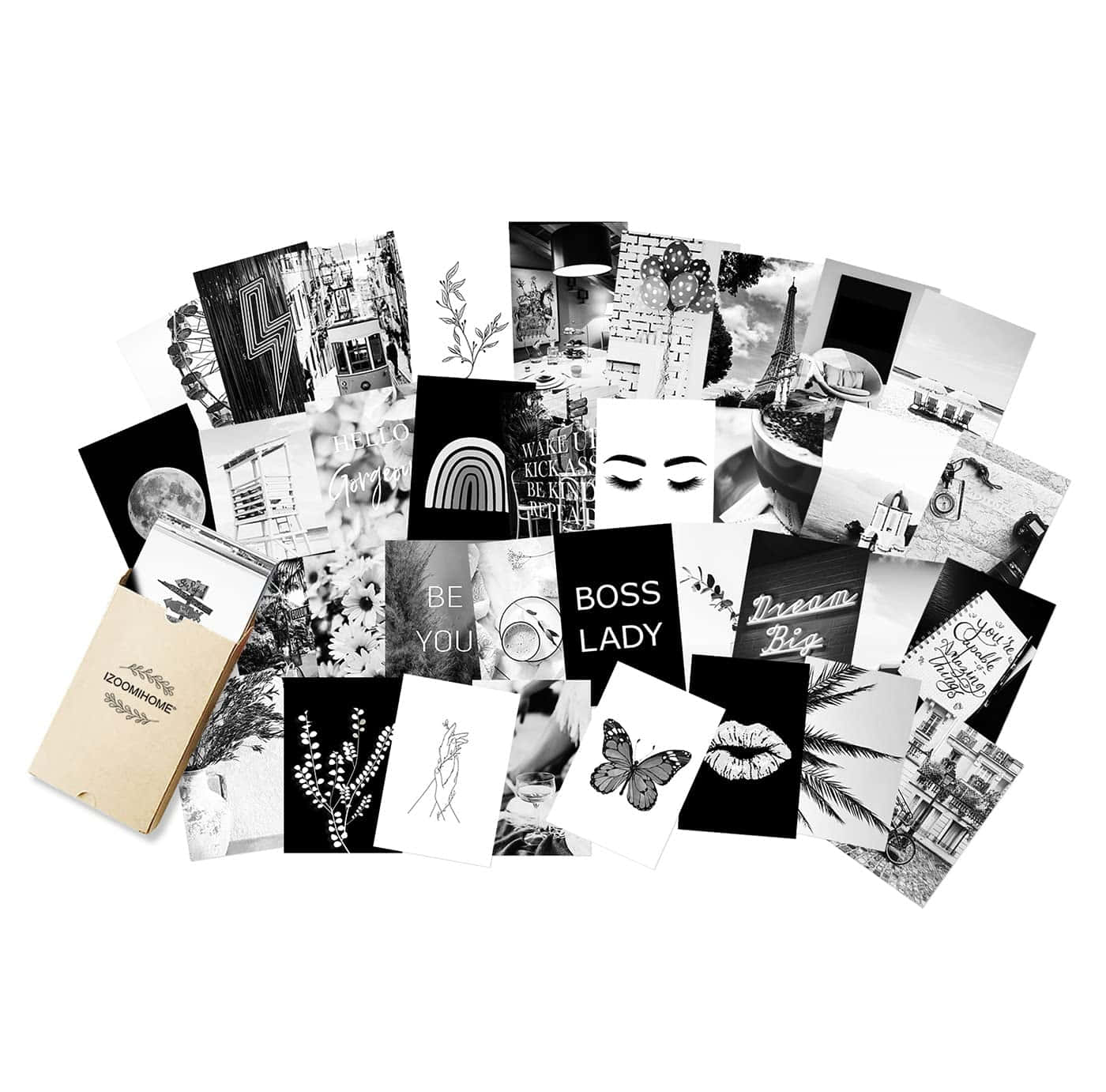Aesthetic Black And White 桌布 壁紙 — 散落的黑白勵志卡片，上面有文字和圖案，例如蝴蝶、嘴唇和城市景觀。