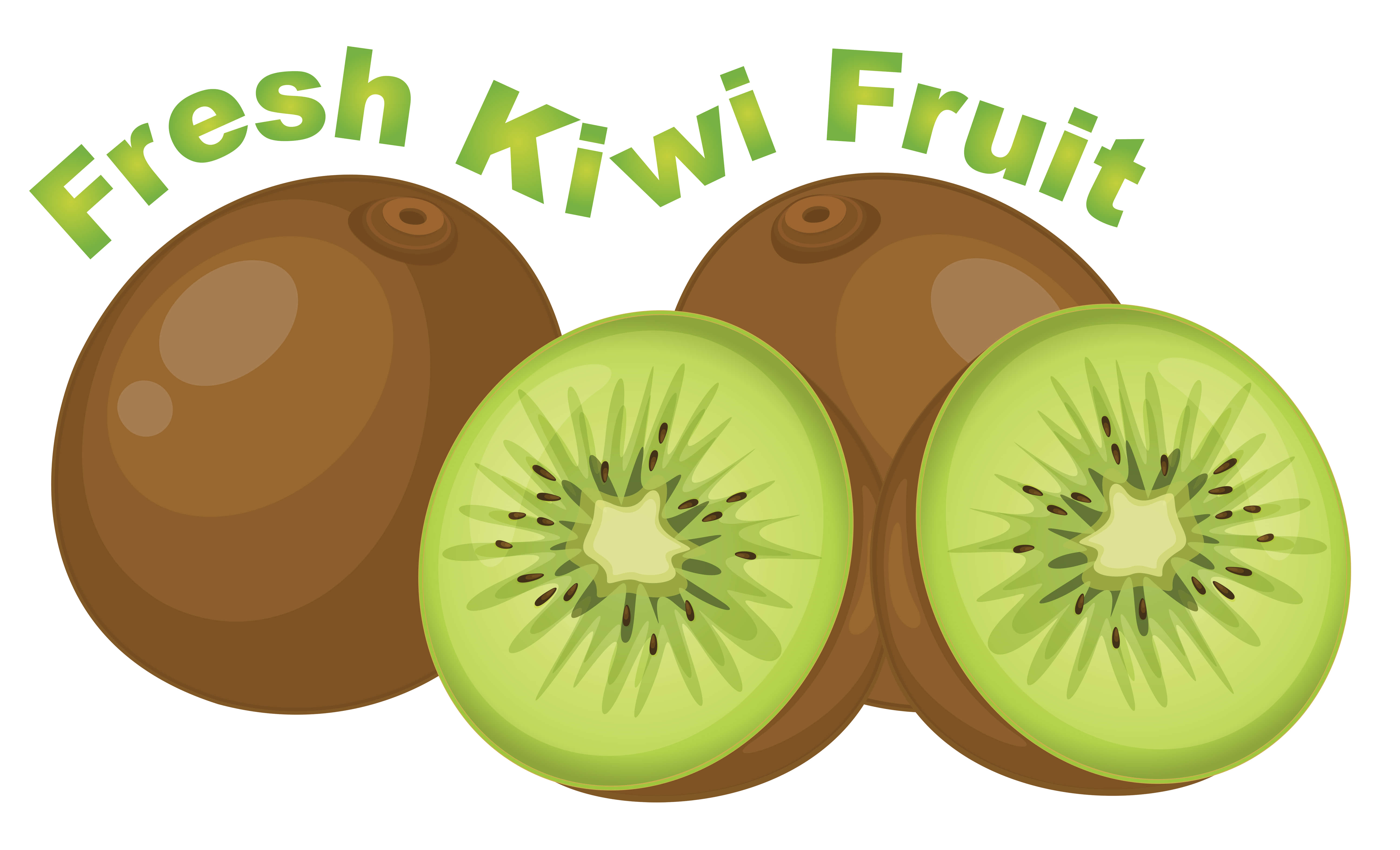 Kiwi 桌布 壁紙 — 整個和切片奇異果的插圖，帶有綠色文字寫著新鮮奇異果。