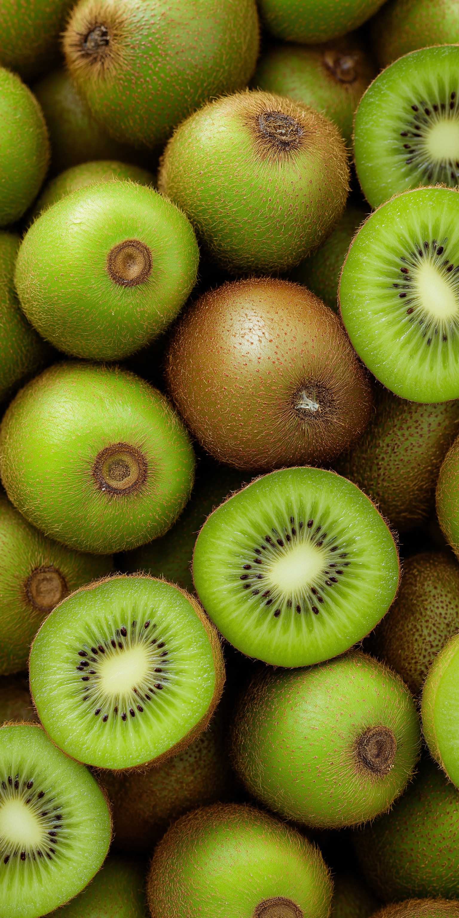 Fruit 桌布 壁紙 — 整個和切片奇異果的特寫，展現鮮綠色果肉和黑色種子。