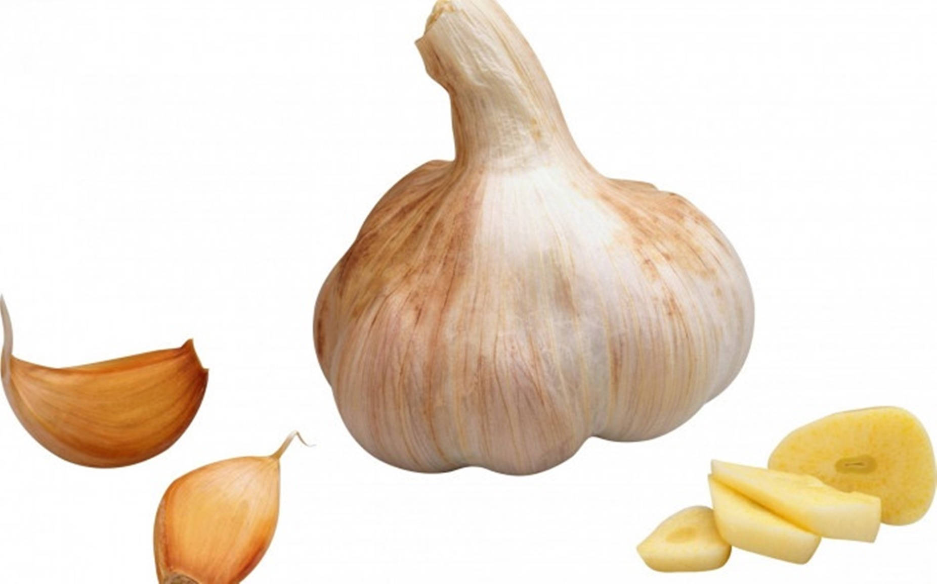 Garlic 桌布 壁紙 — 整個蒜頭，連同剝了皮的蒜瓣和切片，排列在純白色背景上。