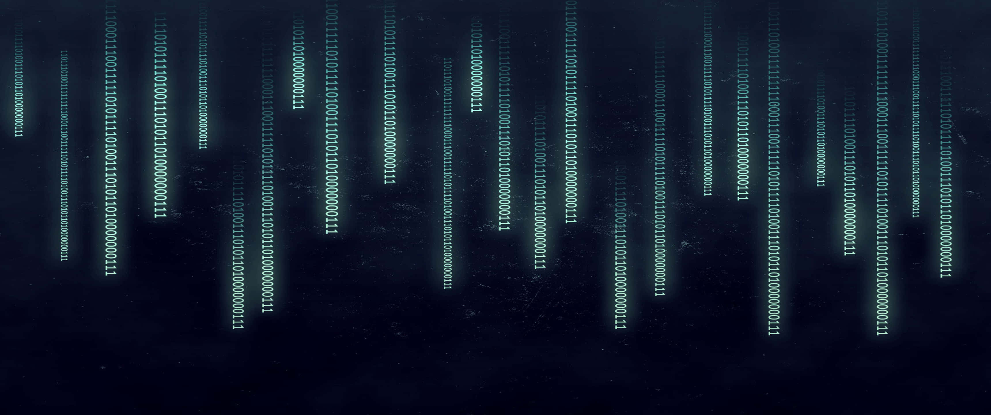 3440x1440p Programming 桌布 壁紙 — 數位二進制代碼流垂直層疊在帶有青色光芒的深色紋理背景上。