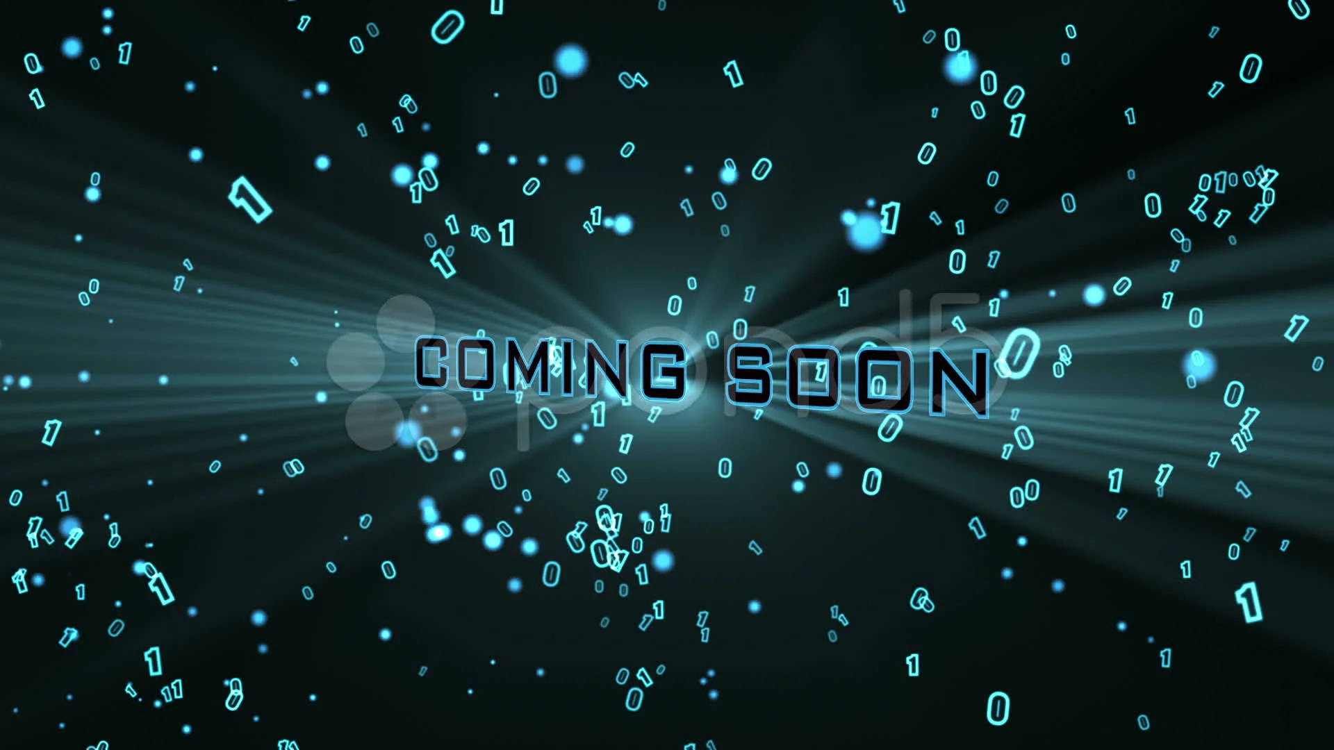 Coming Soon 桌布 壁紙 — 數位二進制代碼粒子在深色背景上發出青色光芒，並帶有散發光芒的「COMING SOON」文字。