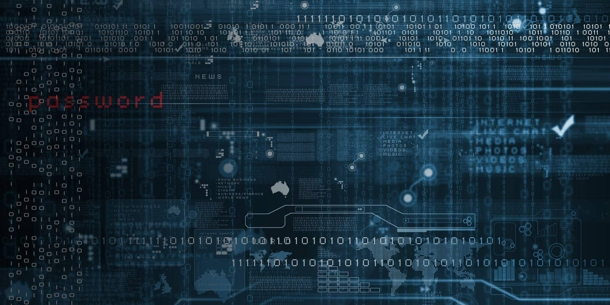 security 桌布 壁紙 — 數位介面在藍色科技主題背景上顯示發光的二進制代碼和紅色密碼欄位。
