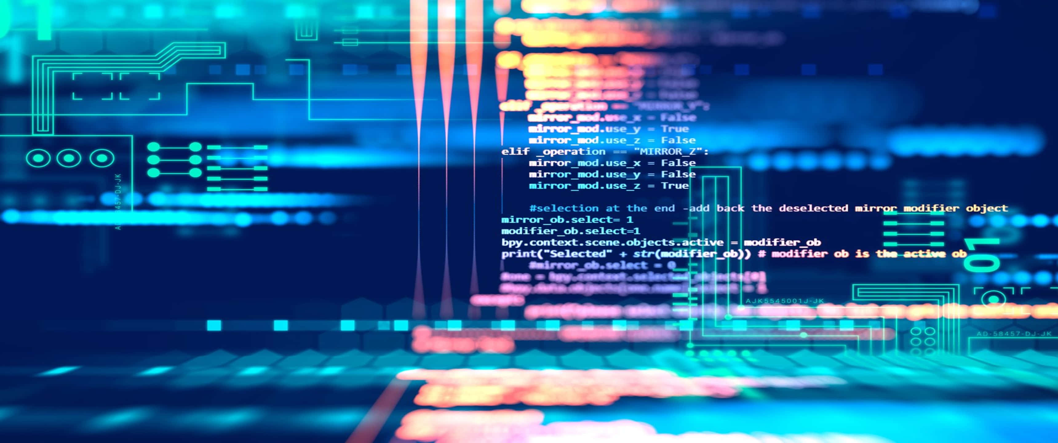 3440x1440p Programming 桌布 壁紙 — 數位代碼流和發光的電路線在未來感的藍色和橙色科技環境中漂浮。
