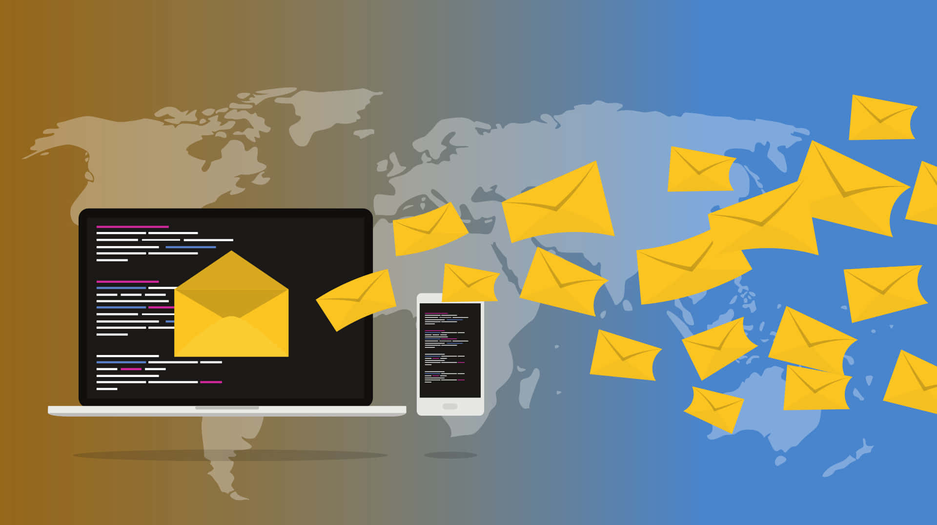 Email 桌布 壁紙 — 數位信封從顯示程式碼的筆記型電腦和手機飛越世界地圖。