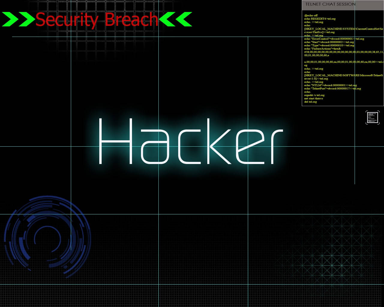 黑客 桌布 壁紙 — 數位安全漏洞警報，帶有發光的「Hacker」文字和終端代碼，背景為網格。
