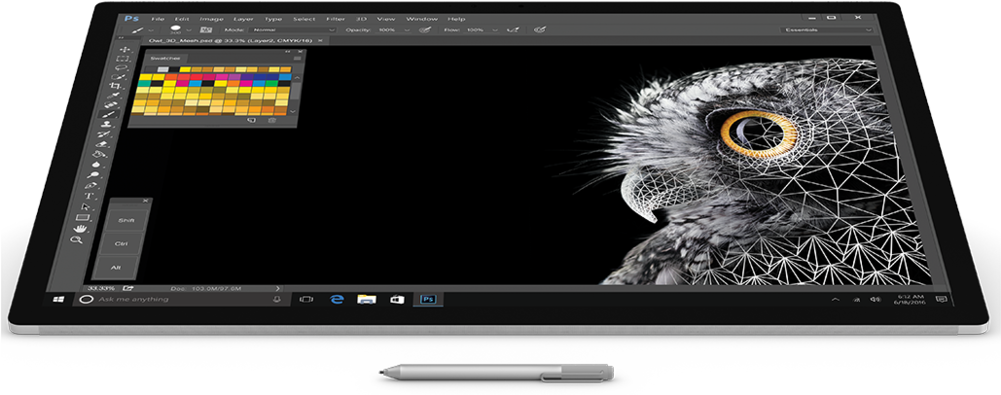 microsoft 桌布 壁紙 — 數位平板在Photoshop中顯示幾何貓頭鷹插圖，下方放著一支觸控筆。