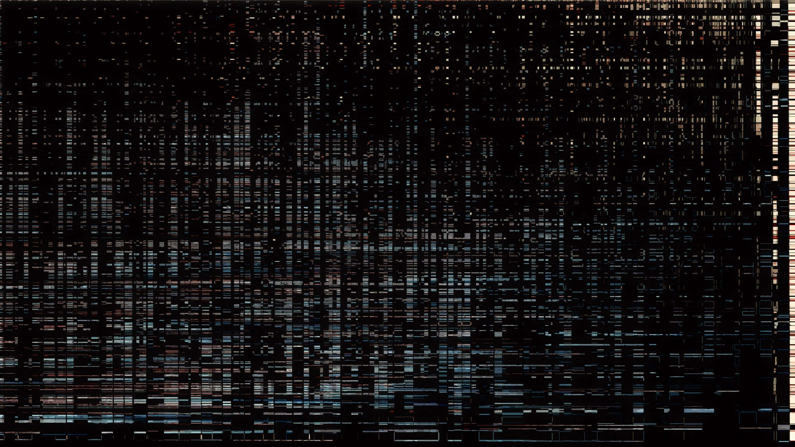 glitch art 桌布 壁紙 — 數位故障藝術，帶有在黑色背景上以深色調層疊的損壞像素。