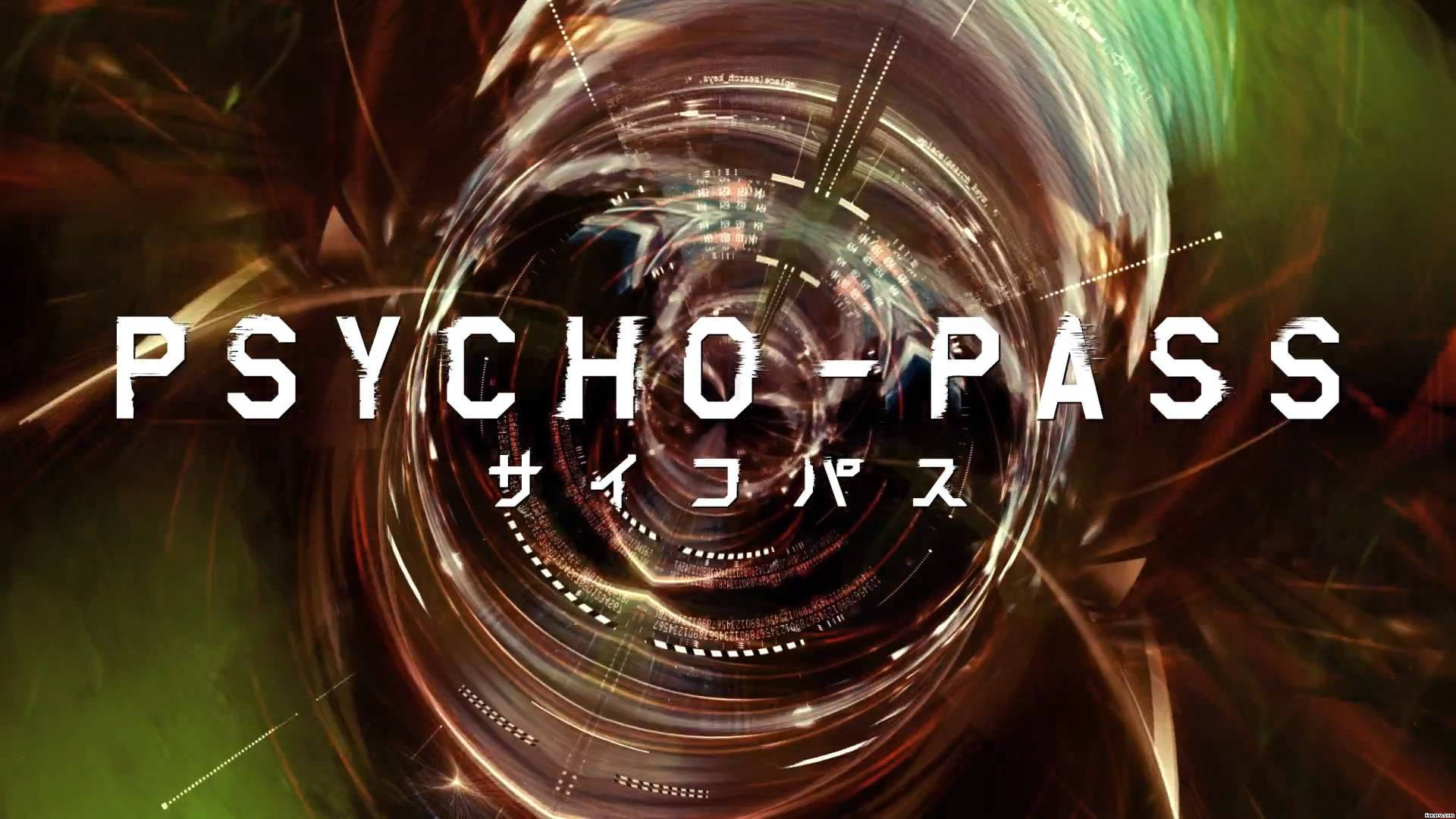 psycho 桌布 壁紙 — 數位數據和發光電路形成的漩渦隧道，環繞著粗體標題「PSYCHO-PASS」，下方有日文文字。