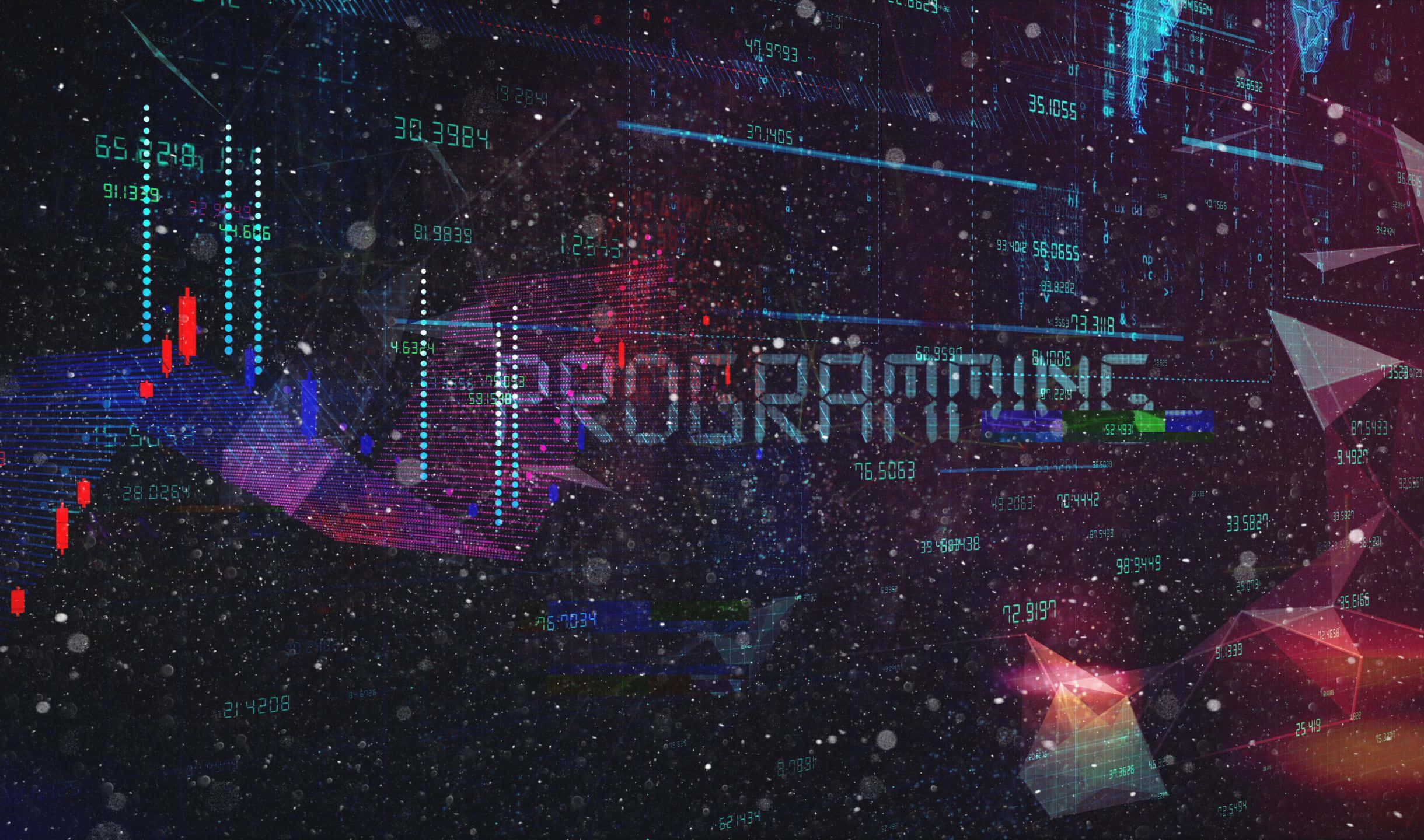 程式設計 桌布 壁紙 — 數位數據流和發光數字在宇宙夜空中漂浮，程式設計一詞以霓虹燈照亮。