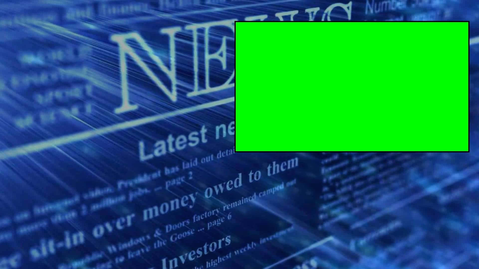 Studio 桌布 壁紙 — 數位新聞室背景，帶有發光藍色文字和亮綠色螢幕覆蓋層。