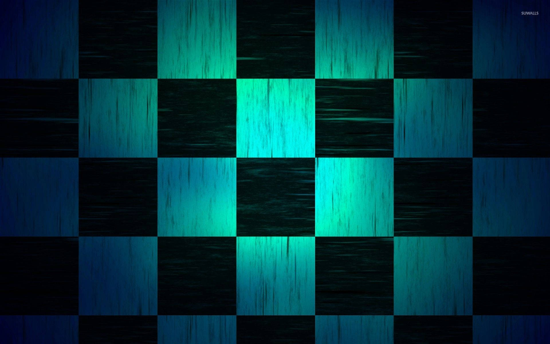 Square 桌布 壁紙 — 數位棋盤圖案，由發光的青綠色和深藍色方格組成，帶有木紋紋理。