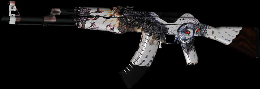 Rifle 桌布 壁紙 — 數位渲染的AK-47步槍，帶有幽靈般的貓頭鷹臉和紅色眼睛，背景為黑色。