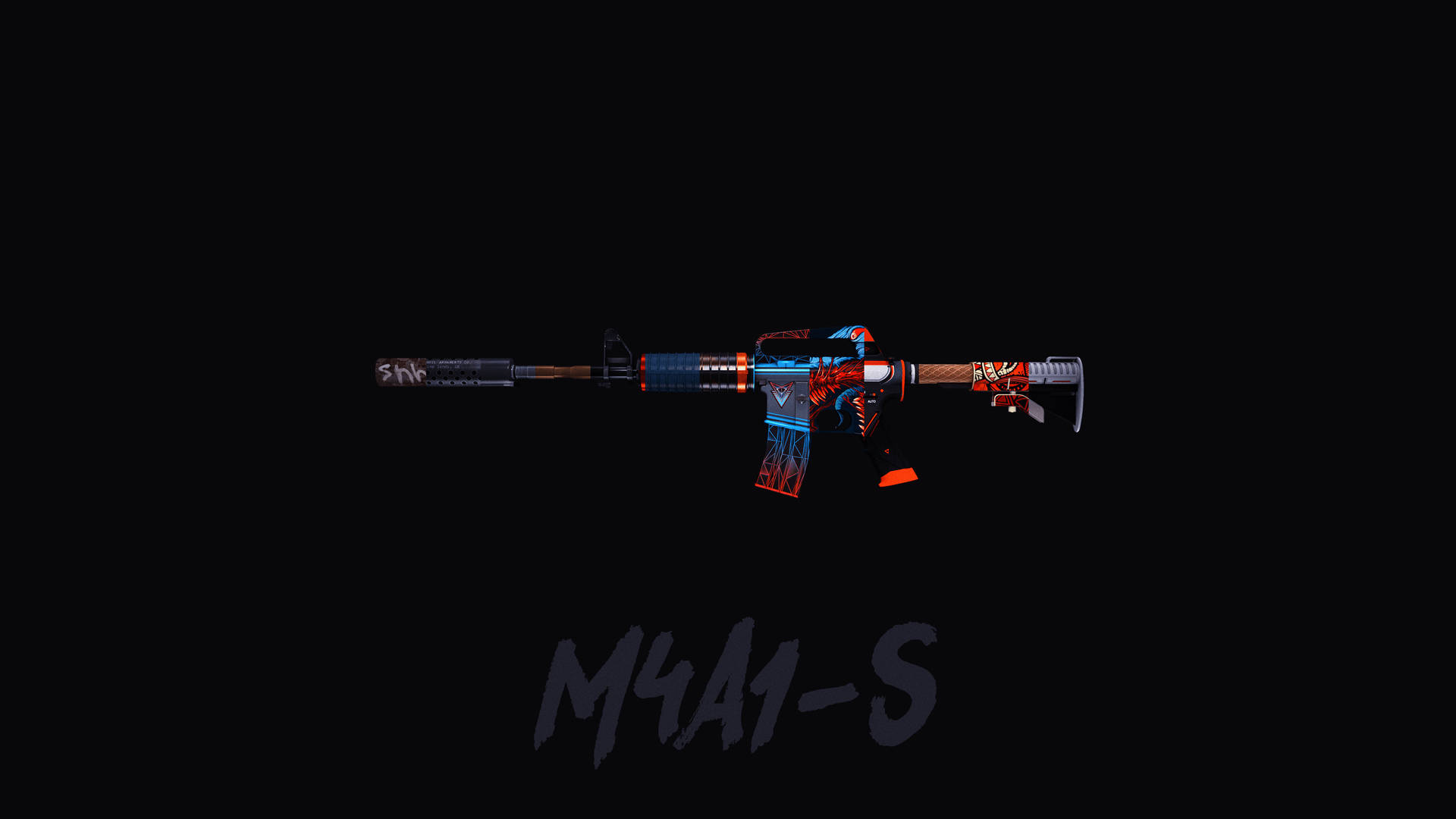 黑色背景上帶有紅藍部落設計的遊戲武器M4A1-S — 槍枝 GIF 壁紙
