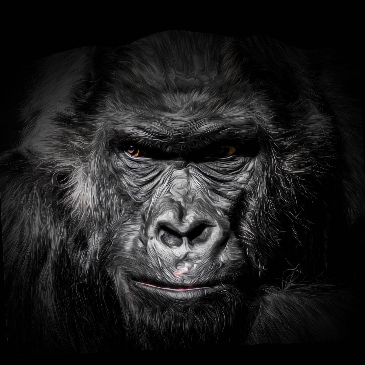 Cool Gorilla 桌布 壁紙 — 數位渲染的大猩猩面部特寫，琥珀色眼睛發光，背景為黑色。