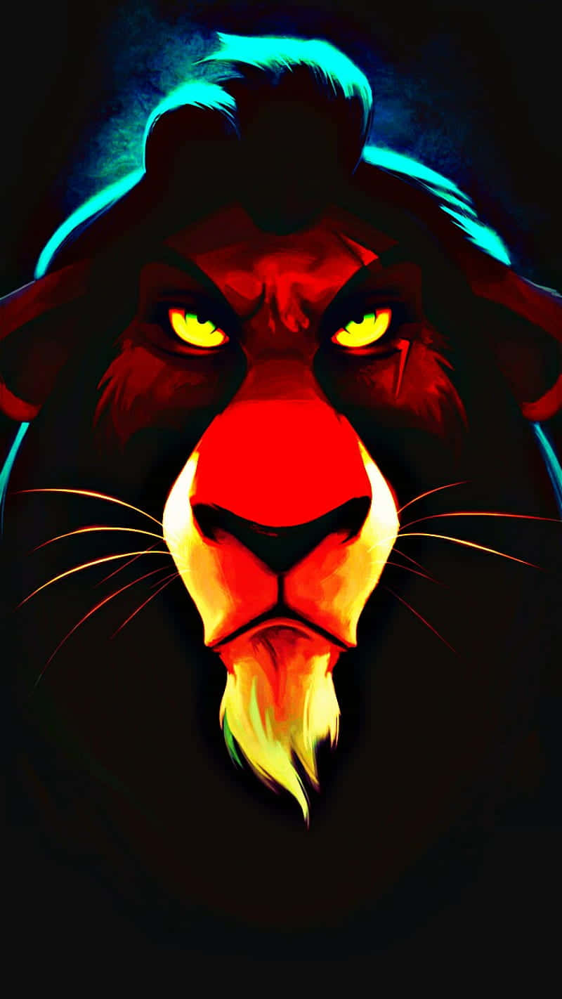 Lion King Scar 桌布 壁紙 — 數位渲染的獅子臉在黑色背景上閃耀著火橙色和電光藍色的亮點。