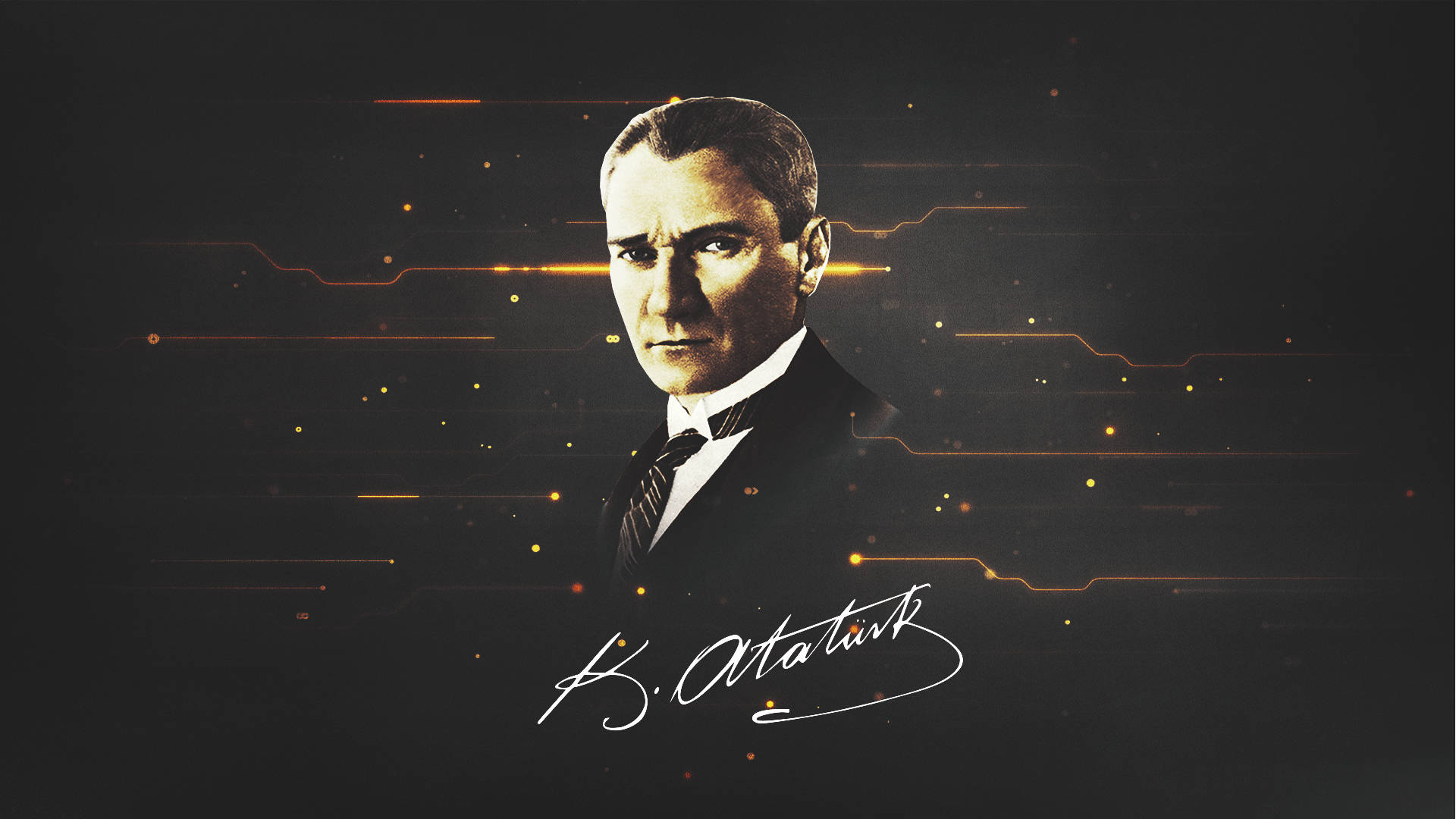 Ataturk 桌布 壁紙 — 數位渲染的穆斯塔法·凱末爾·阿塔圖爾克肖像，身穿西裝，帶有發光的橙色電路線和粒子，背景為深色。
