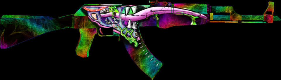 Weapons 桌布 壁紙 — 數位渲染的突擊步槍，帶有迷幻霓虹骷髏設計，在黑色背景上發光。