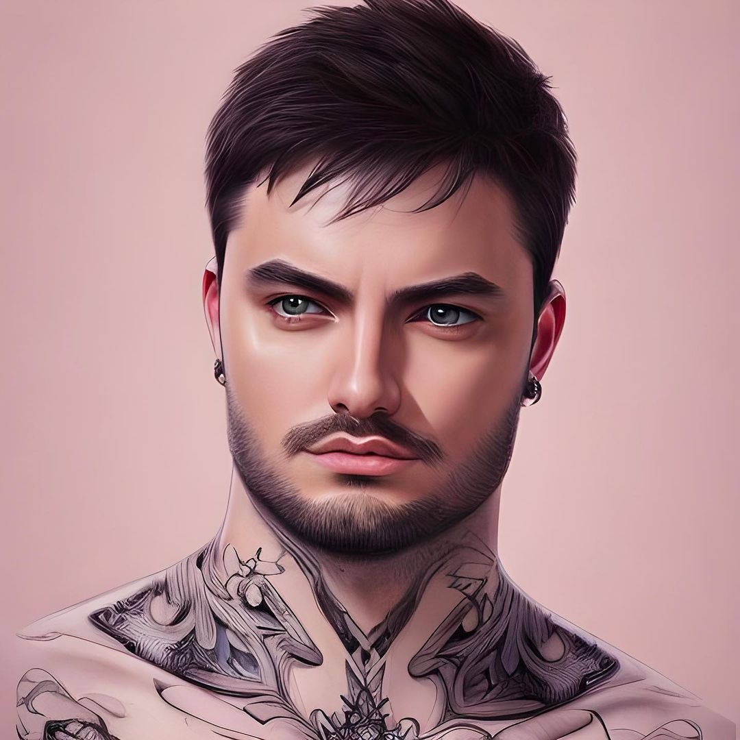 Tattoo 桌布 壁紙 — 數位渲染的肖像，一名黑髮男子，頸部和肩膀上有複雜的黑色刺青，背景為柔和的粉紅色。