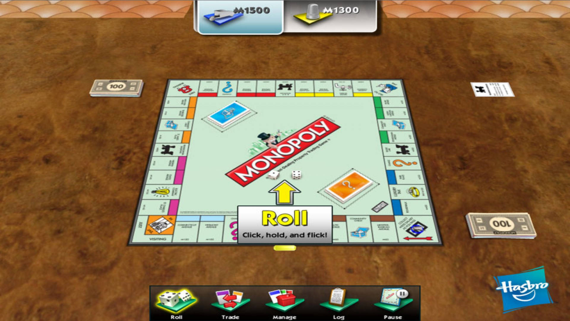 Monopoly 桌布 壁紙 — 數位版大富翁遊戲板顯示在木桌上，周圍擺放著遊戲棋子、金錢和卡牌。