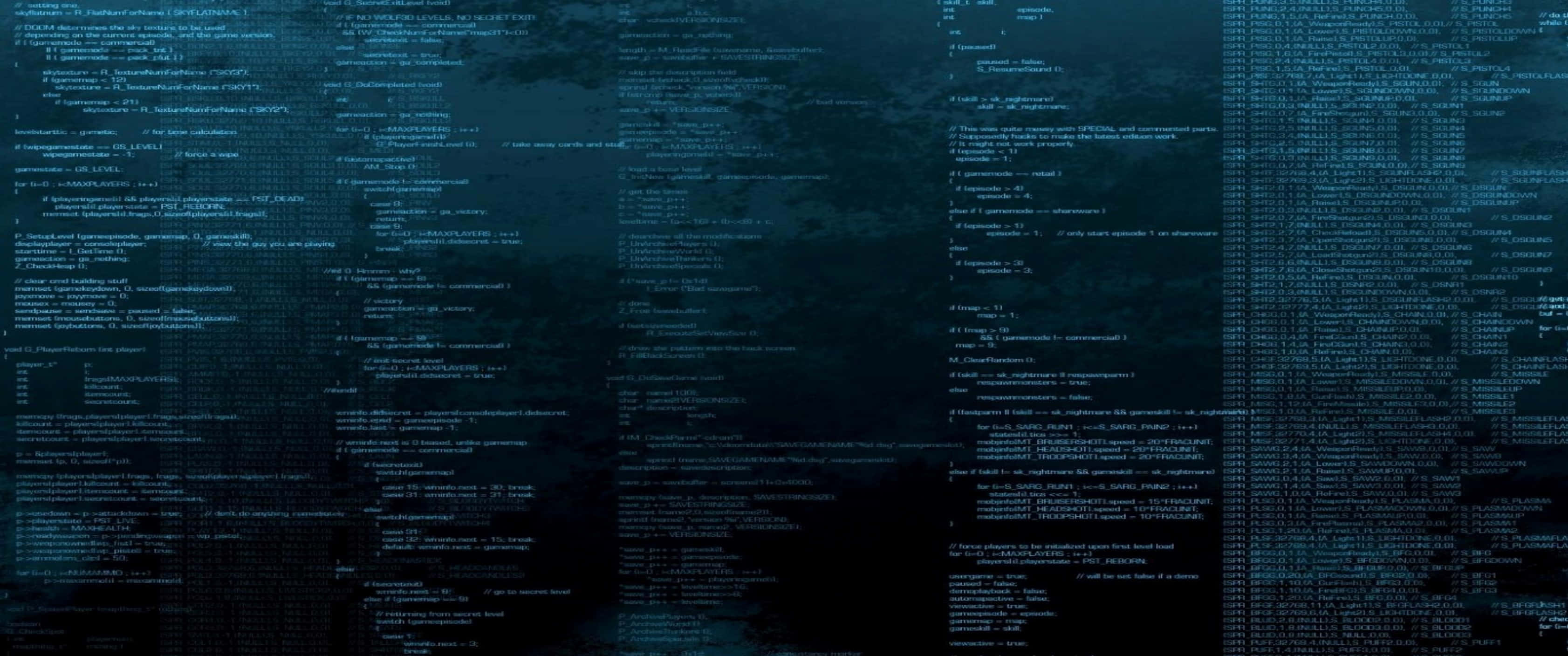 3440x1440p Programming 桌布 壁紙 — 數位程式碼流像未來的數據風暴一樣，以發光的藍色文字在黑暗的螢幕上層疊。