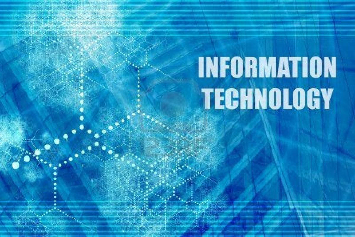 Information 桌布 壁紙 — 數位網路線條和發光節點形成未來主義的藍色科技背景，粗體白色文字寫著資訊科技。