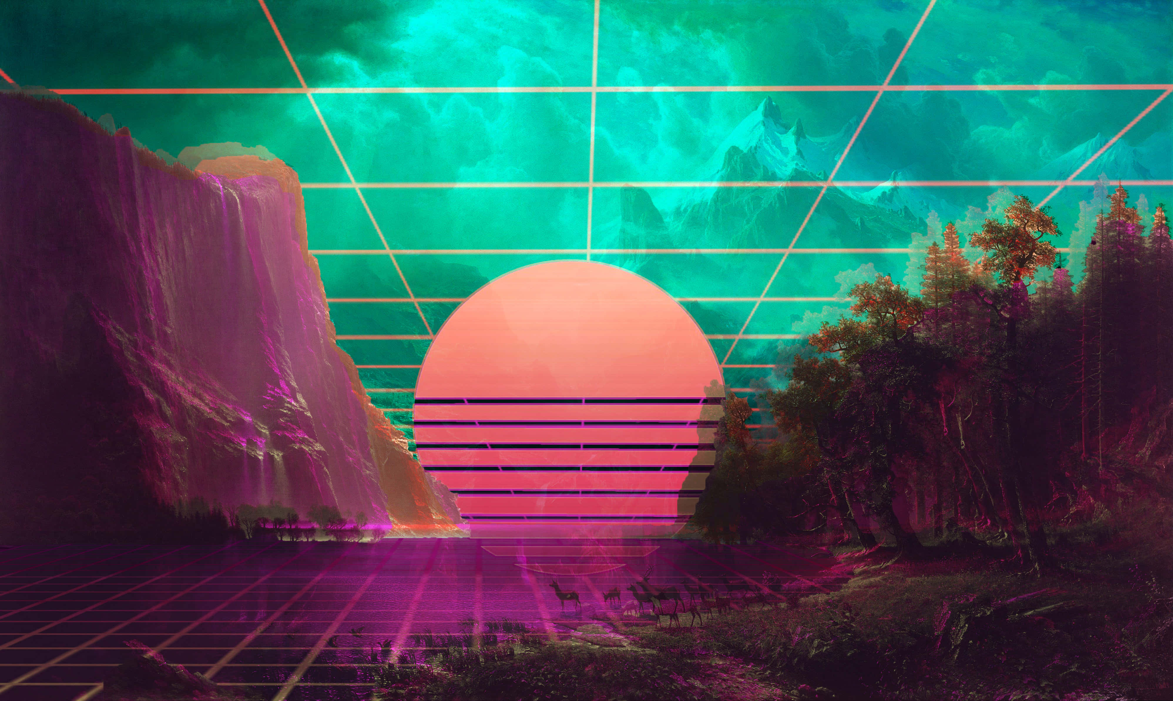 數位繪畫，森林中央有一輪太陽 壁紙