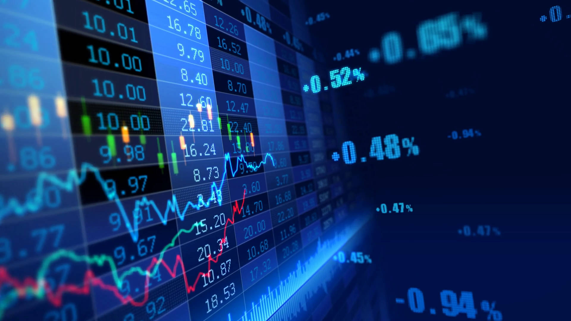 Market 桌布 壁紙 — 數位股票市場數據在黑暗螢幕上以發光的藍色和綠色流動，顯示波動的價格和百分比。