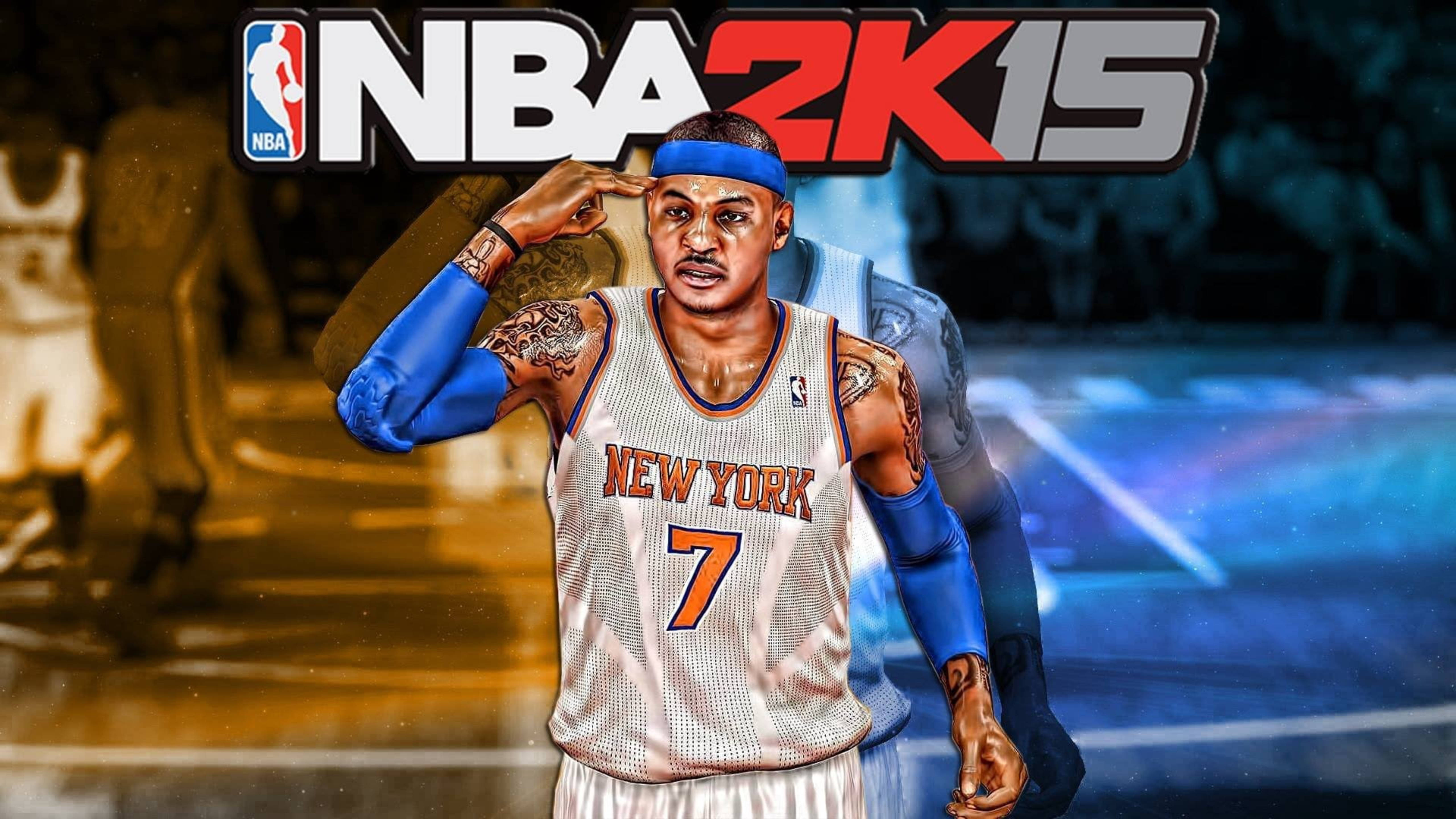Carmelo 桌布 壁紙 — 數位藝術NBA 2K15封面， featuring Carmelo Anthony 身穿紐約尼克球衣敬禮，手臂上刺青清晰可見。