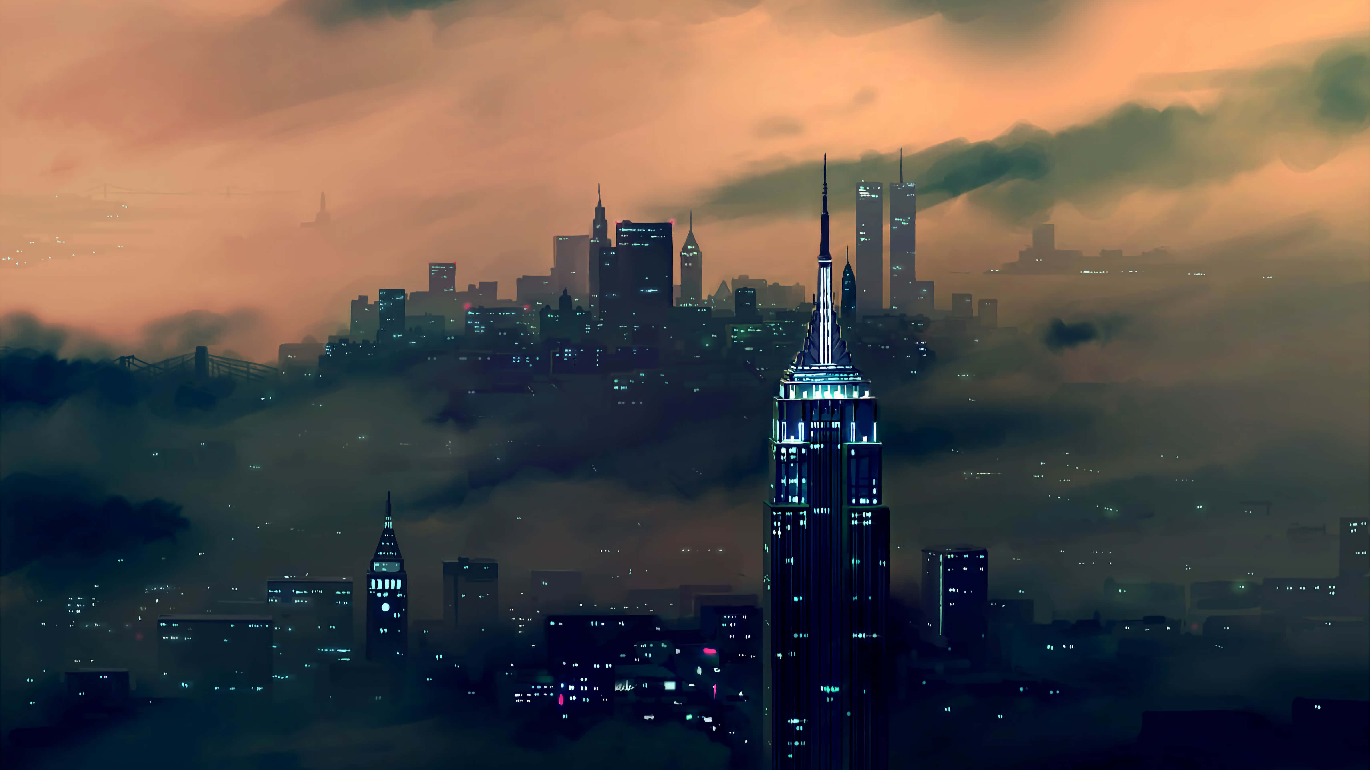 New York City 4K Ultra HD 桌布 壁紙 — 數位藝術城市景觀，黃昏時分，摩天大樓在橙色天空下穿過迷霧雲層。