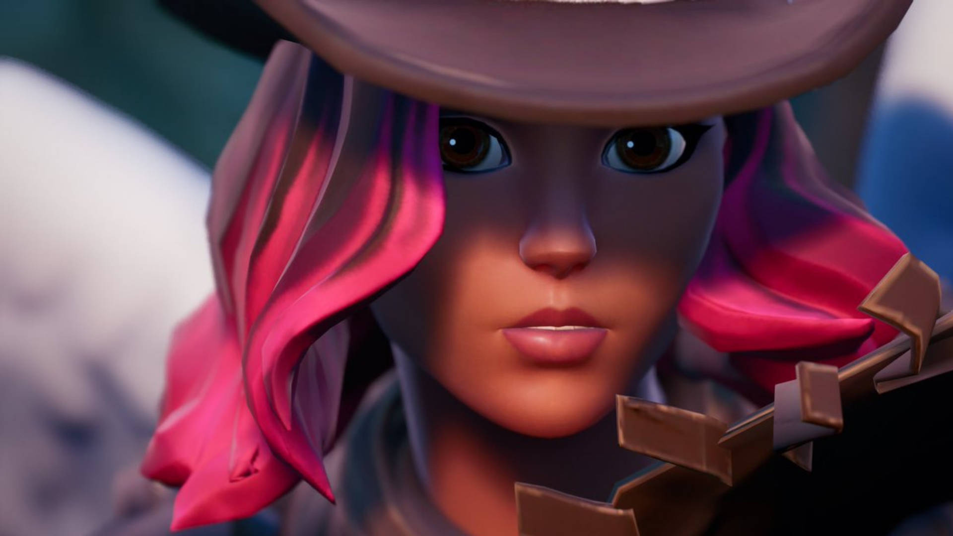 calamity fortnite 桌布 壁紙 — 數位藝術角色的特寫，擁有充滿活力的粉紅色頭髮和寬邊帽，專注地凝視前方。
