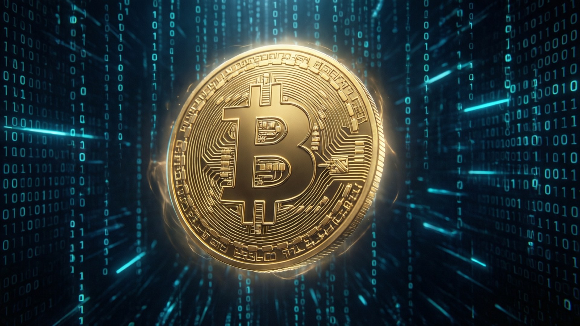 數位虛空中的金色比特幣 壁紙 — 一枚發光的金色比特幣在數位空間中漂浮於層疊的藍色二進位代碼之間。