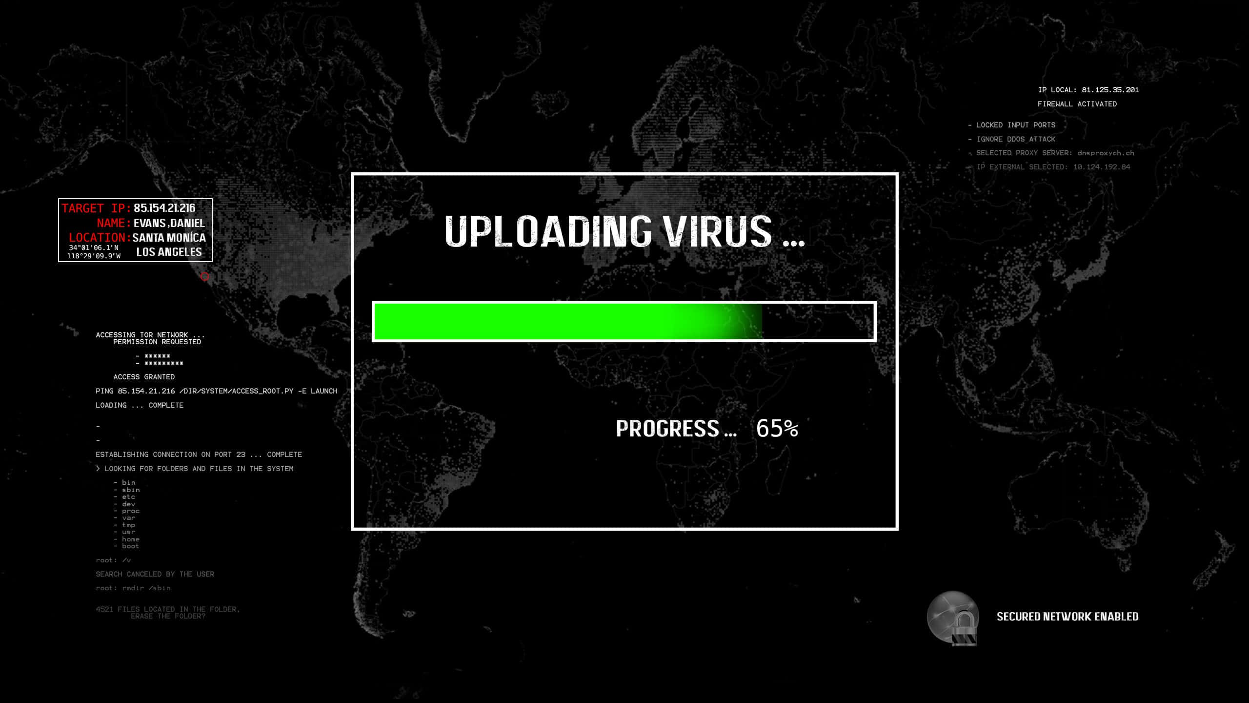 黑客 桌布 壁紙 — 數位螢幕顯示病毒上傳進度達65%，覆蓋世界地圖，並帶有駭客介面文字。