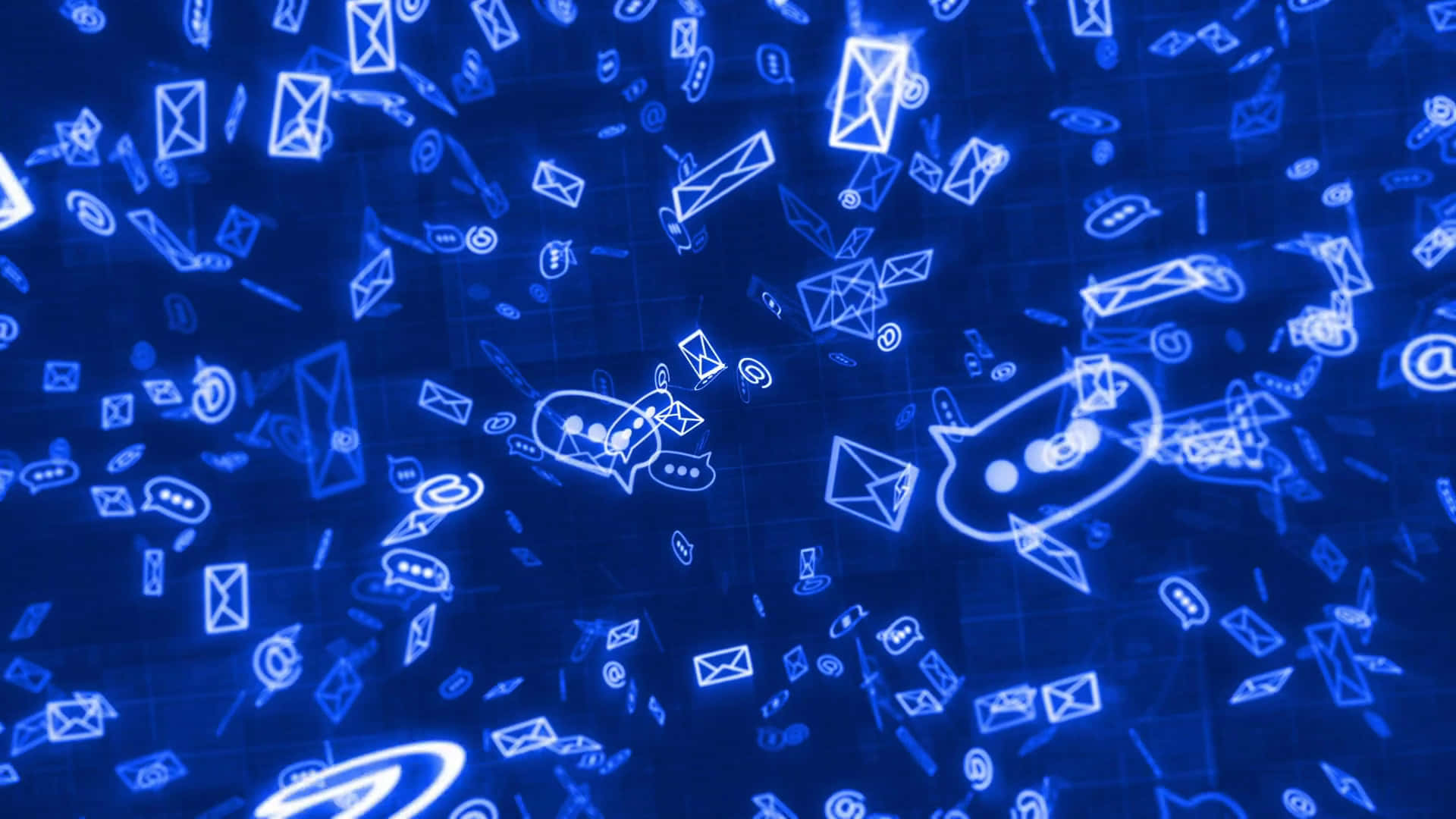 Social Media Icons 桌布 壁紙 — 數位通訊圖示漂浮在發光的藍色網路空間中，背景為深色網格。