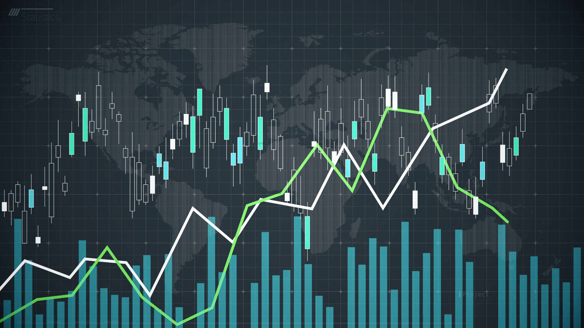 Market 桌布 壁紙 — 數位金融圖表，綠色和白色線條疊加在深色世界地圖背景上。