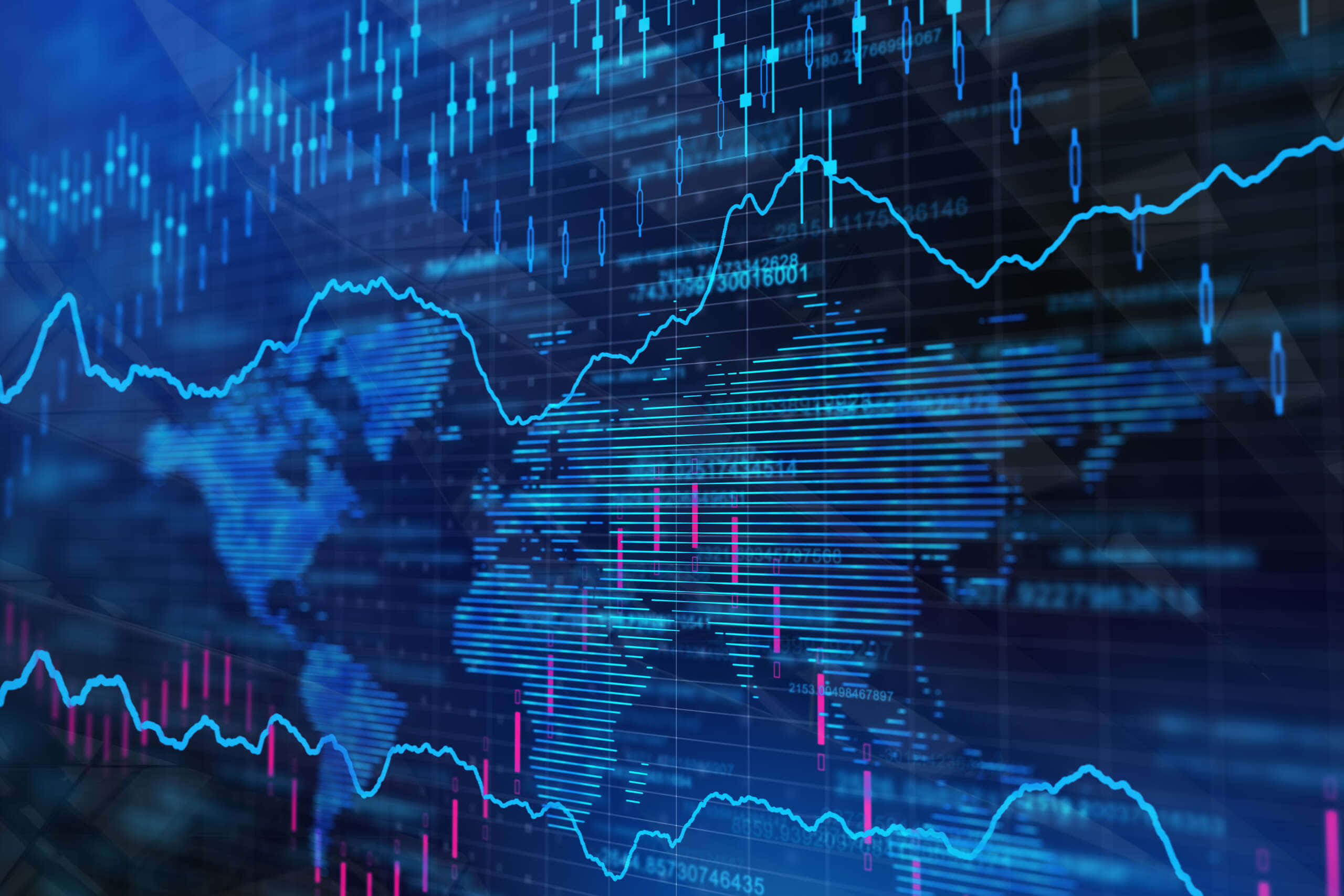 Forex 桌布 壁紙 — 數位金融圖表和蠟燭圖疊加在發光的藍色世界地圖上，呈現未來主義的數據可視化。
