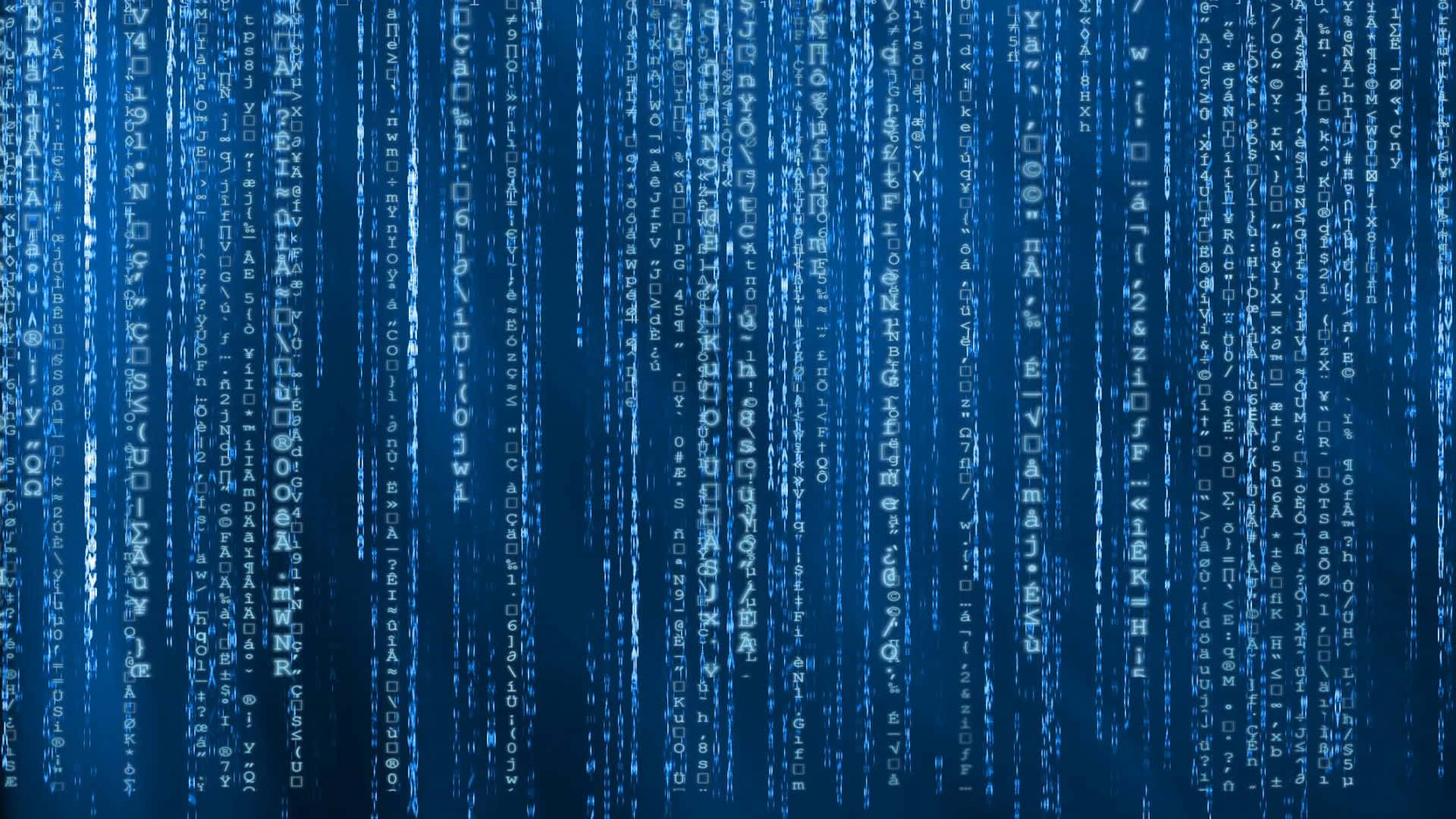 發光白色代碼的數位雨在藍色 cyberpunk 場景中落下。 — 矩陣 GIF 壁紙