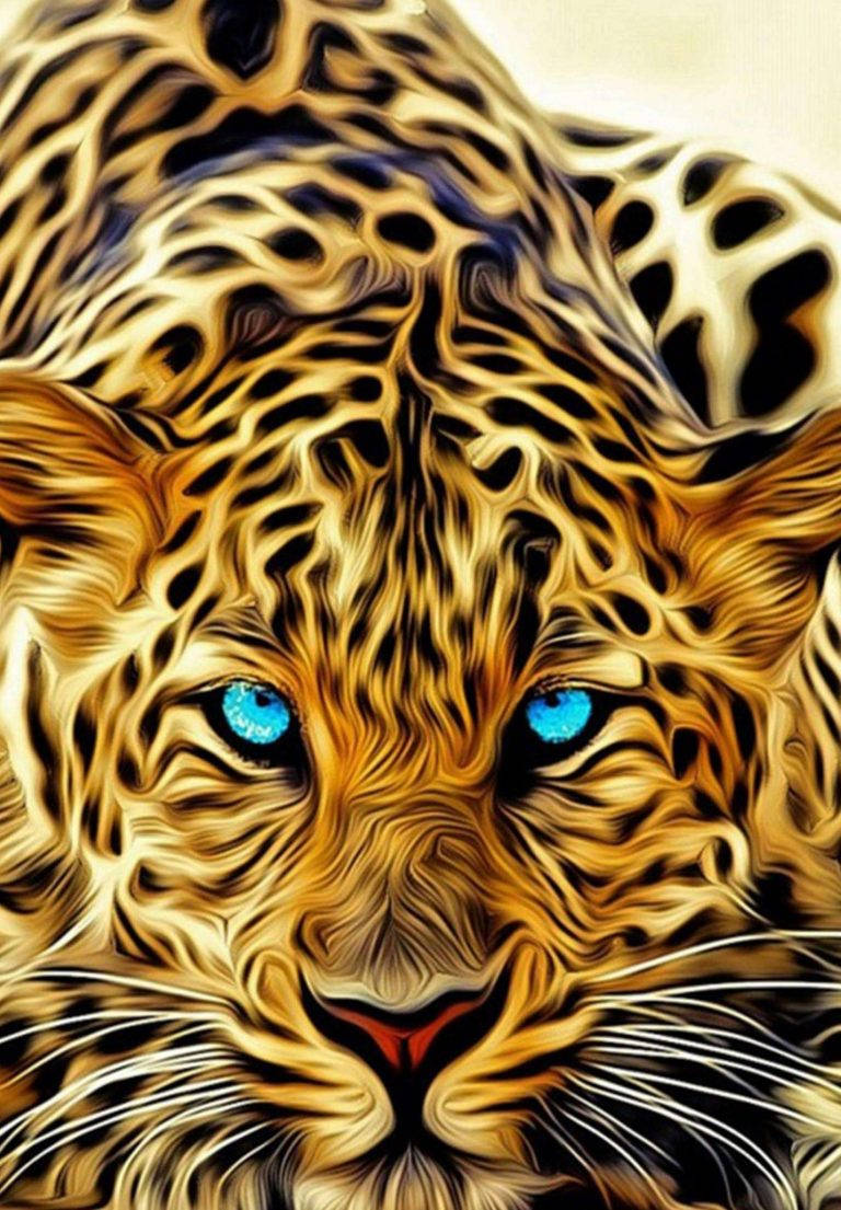 Leopard 桌布 壁紙 — 數位風格化的豹臉特寫，帶有強烈的藍色眼睛和流動的金色皮毛圖案。