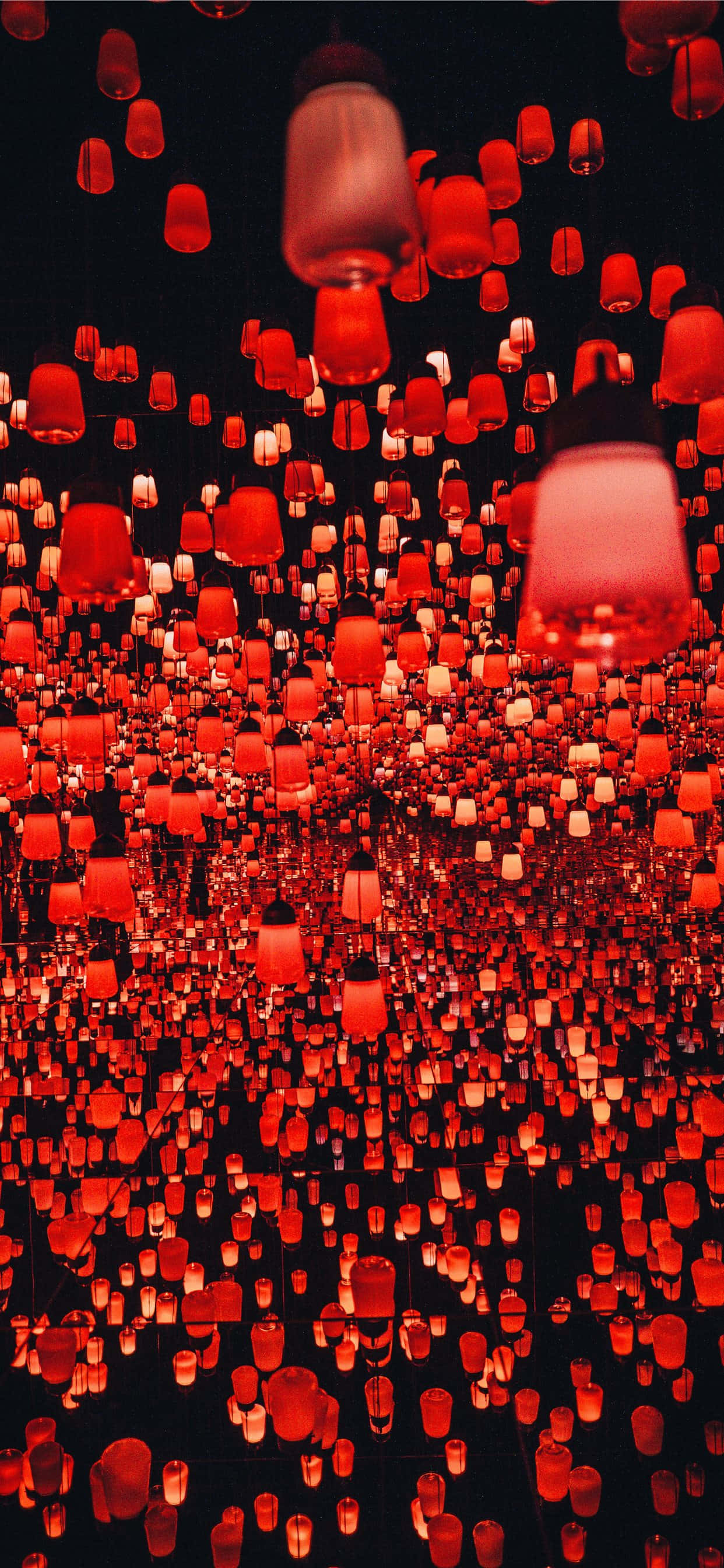 夜間發光的燈籠 壁紙 — 數千盞發光的紅色燈籠漂浮在黑暗的鏡面無限房間中，營造出迷人的沉浸式裝置。