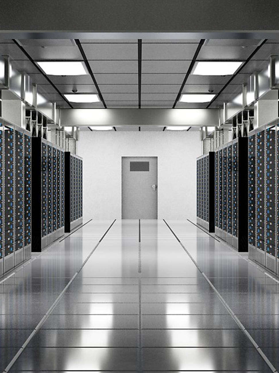 data 桌布 壁紙 — 數據中心內一條長長的無菌走廊，兩旁排列著伺服器機架，上方是明亮的螢光燈。