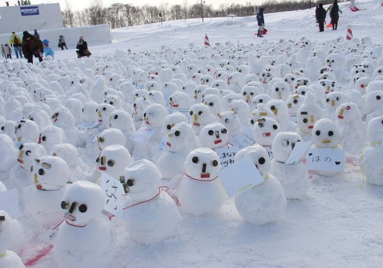  壁紙 — 數百個帶有手寫便條的小雪人點綴在明亮的日光下的雪地。
