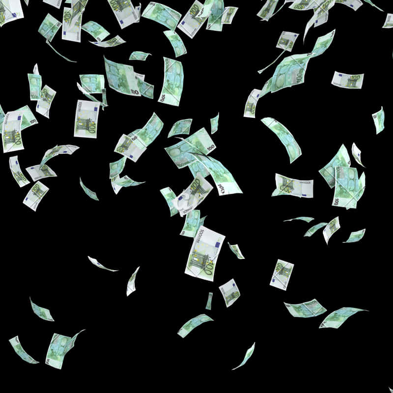 Money Flying 桌布 壁紙 — 數百張綠色100歐元鈔票在純黑背景上動態飄揚。