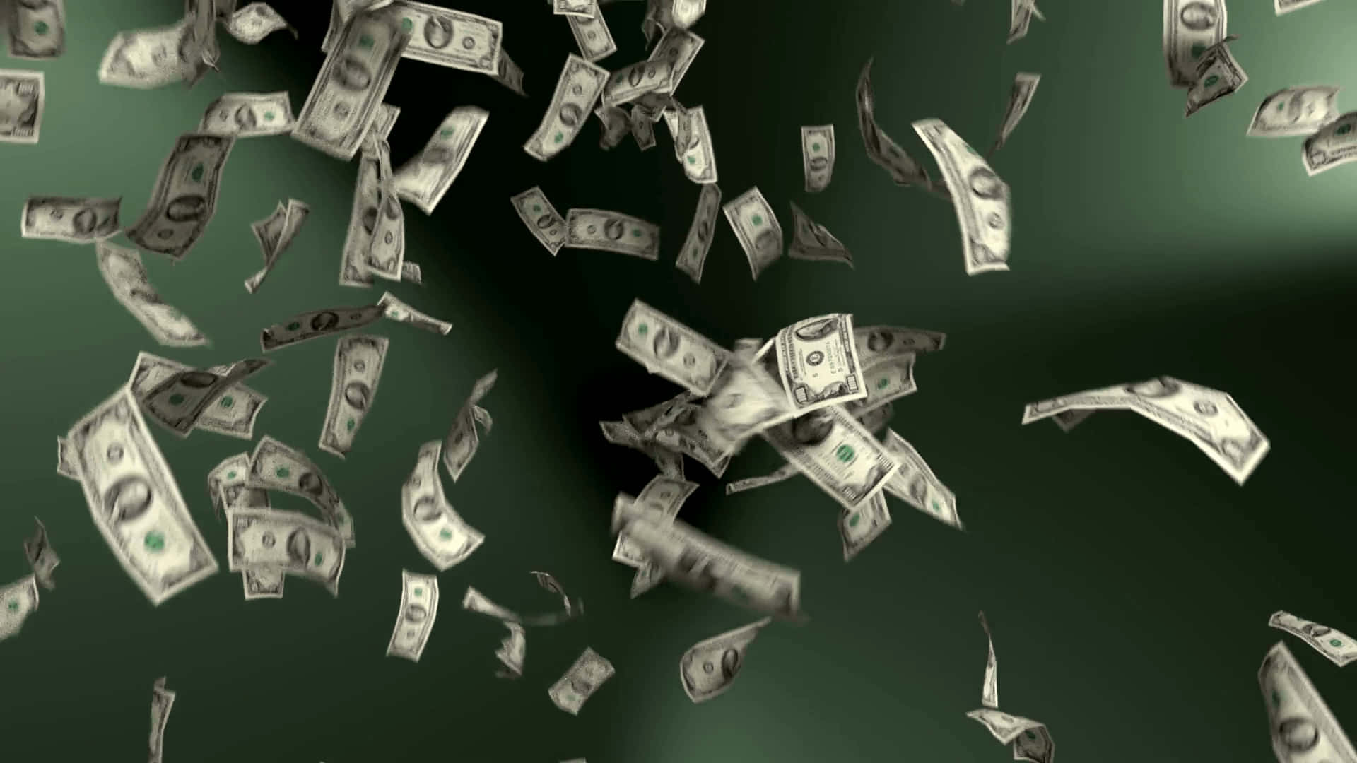 Money Falling 桌布 壁紙 — 數百張美元鈔票在深綠色漸變背景上動態地如雨般落下。