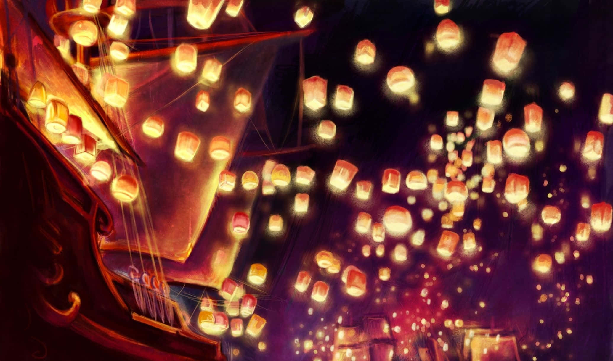 魔髮奇緣 桌布 壁紙 — 數百盞發光的燈籠在黑暗的夜空中向上飄浮，將溫暖的光芒投射在華麗的建築上。