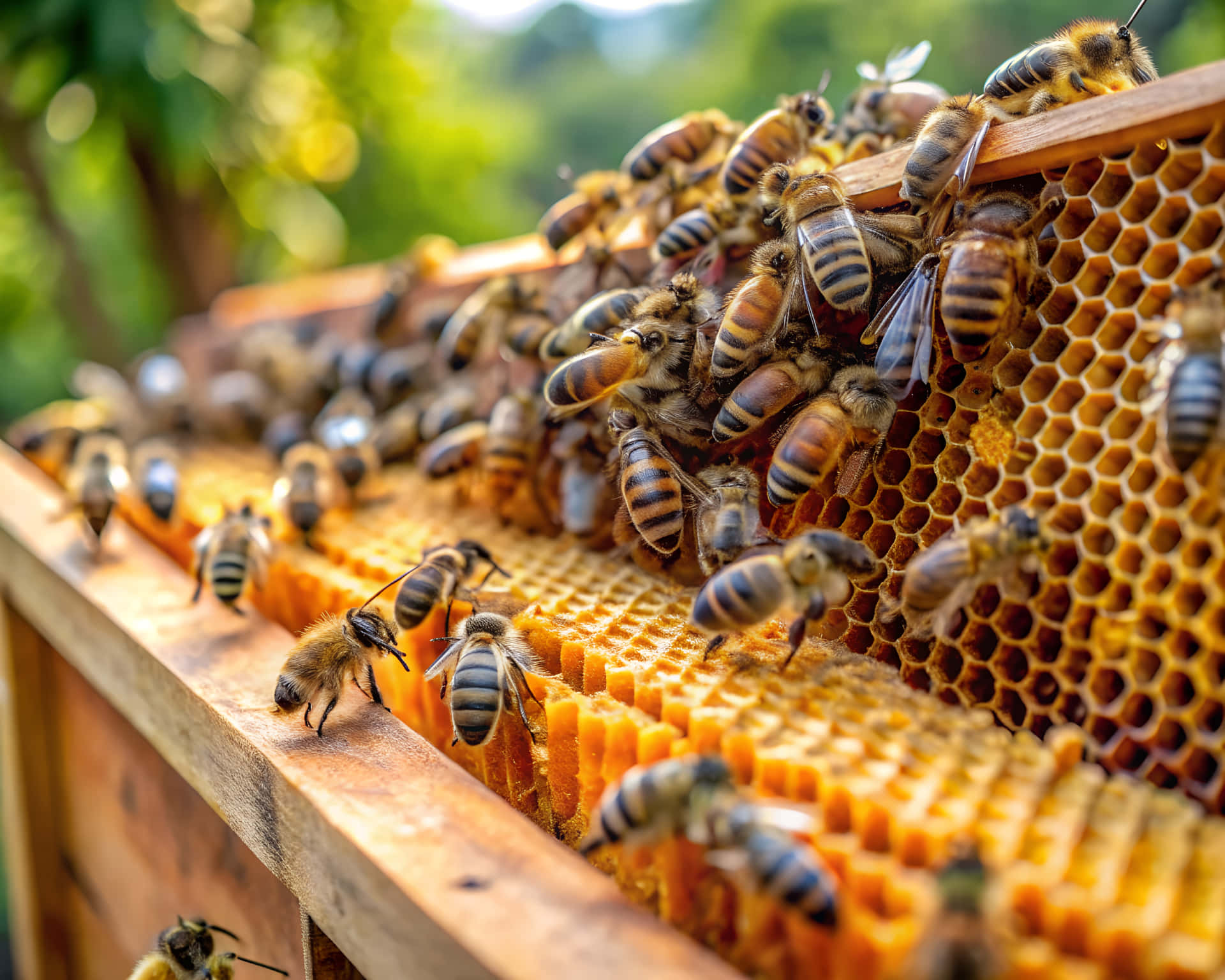 Beehive bee 壁紙 — 數百隻蜜蜂聚集在木製蜂箱內的金色蜂巢框架上，背景是模糊的茂密綠色樹葉。