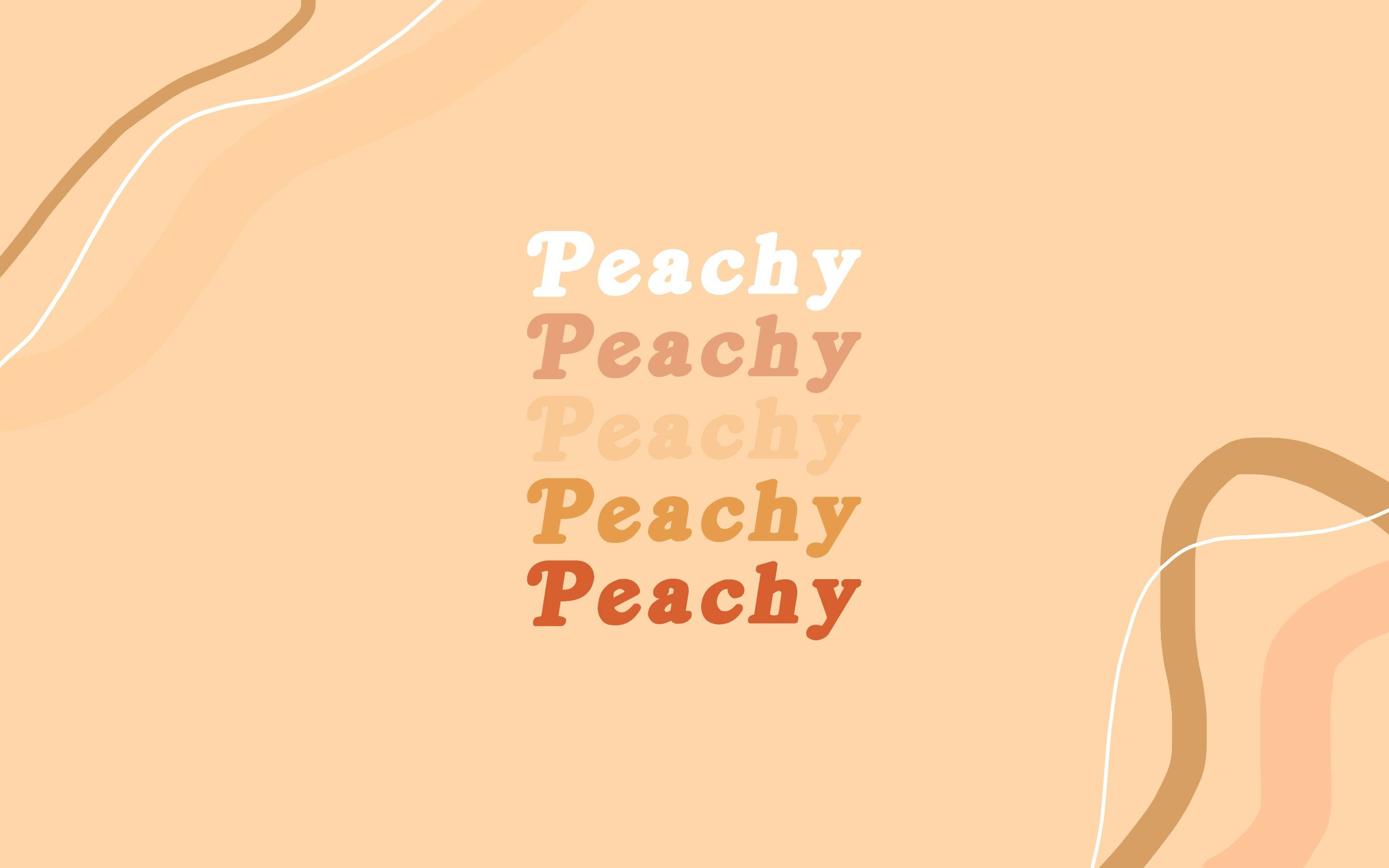 淺棕色美學動圖 桌布 壁紙 — 文字 'Peachy' 以漸層蜜桃色調在柔和的蜜桃背景上重複，並帶有抽象曲線。